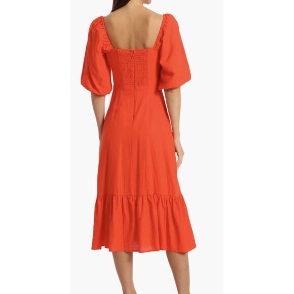 Avec Les Filles Coral Orange Puff Sleeve Side Slit Tiered Midi Dress Sz 2 XS - Picture 8 of 11